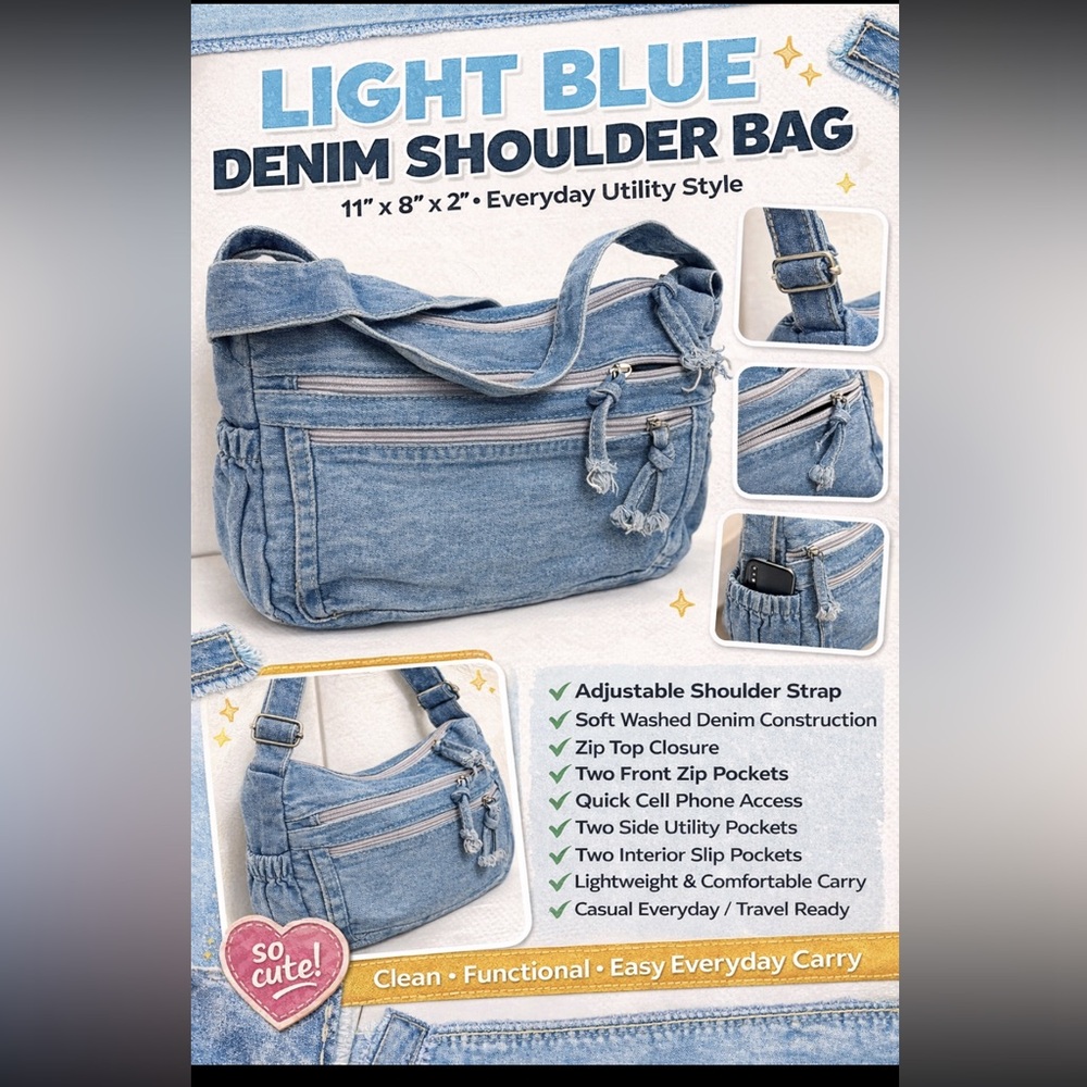 Y2K Light Blue Denim Shoulder Bag Multi Pocket Adj Strap Everyday Casual NWOT